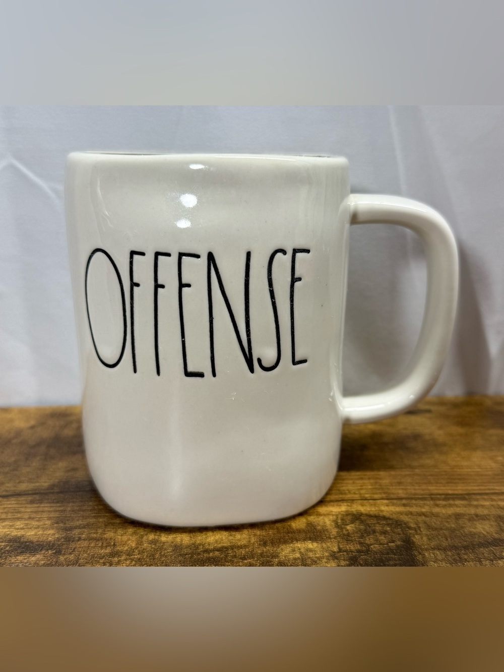 Rae Dunn White Ceramic 'OFFENSE/DEFENSE' Mug with Black Lettering